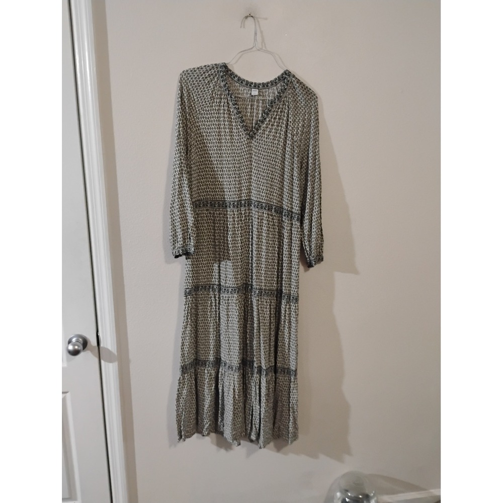 Old Navy Womens Large Beige Black Floral Tiered Midi Dress Long Sleeve V-Neck